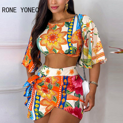 Γυναικεία Chic Crop Floral Pattern Top μισά μακρυμάνικα με κορδόνια ασύμμετρα καλοκαιρινά σετ με κορμάκι