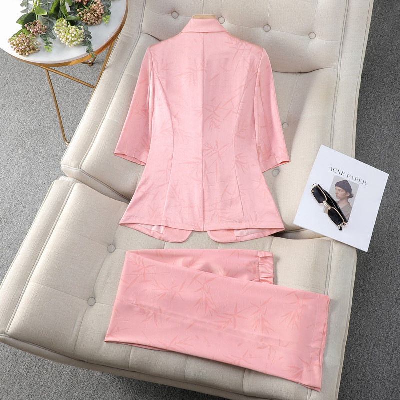 NAVIU Ljetni kompleti hlača za žene 2-dijelni sako do pola rukava i hlače širokih nogavica Odijelo Chic Elegantna poslovna poslovna odjeća Ružičasta