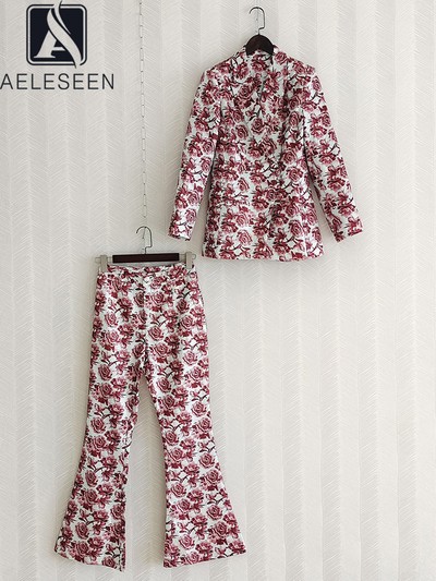 AELESEEN Runway Fashion 2 gabalu komplekts, rudens, ziemas sieviešu žakete + bikses ar uzliesmojumu, pilna garuma bikses, sarkans ziedu biroja sieviešu uzvalks