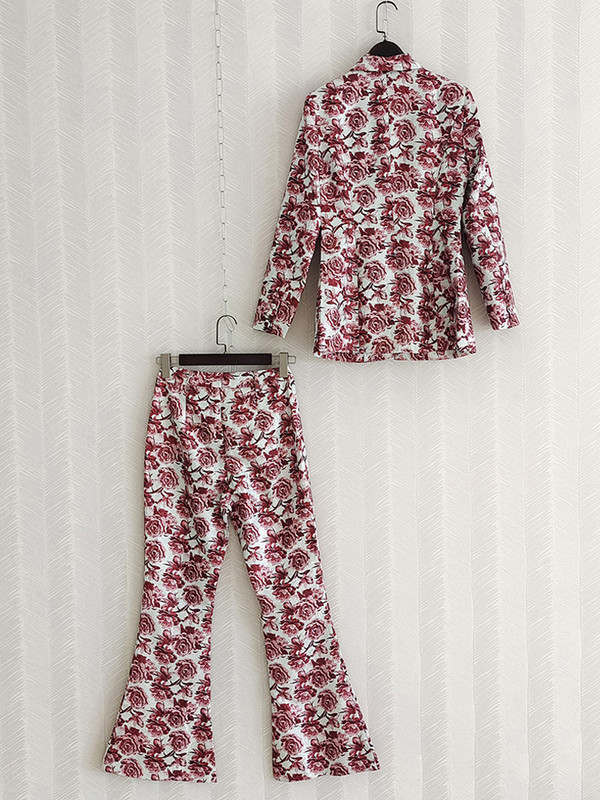AELESEEN Runway Fashion 2 gabalu komplekts, rudens, ziemas sieviešu žakete + bikses ar uzliesmojumu, pilna garuma bikses, sarkans ziedu biroja sieviešu uzvalks