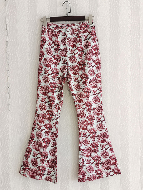 AELESEEN Runway Fashion 2 gabalu komplekts, rudens, ziemas sieviešu žakete + bikses ar uzliesmojumu, pilna garuma bikses, sarkans ziedu biroja sieviešu uzvalks