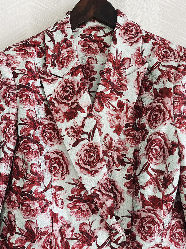 AELESEEN Runway Fashion 2 gabalu komplekts, rudens, ziemas sieviešu žakete + bikses ar uzliesmojumu, pilna garuma bikses, sarkans ziedu biroja sieviešu uzvalks