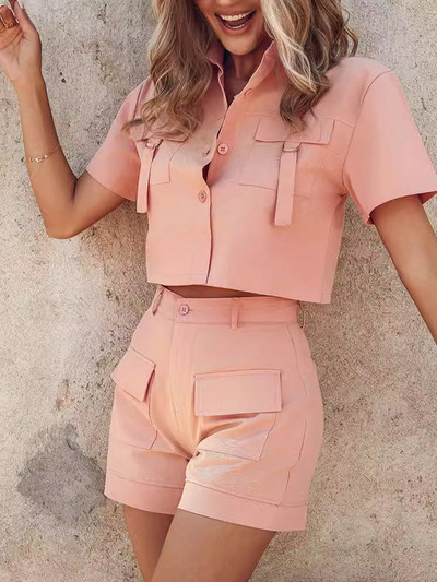 Kontori naiste lühikesed püksid, kaheosaline komplekt Naiste ülikonnad, nööpidega ülaosa ja tasku disainiga lühikeste pükste komplekt Elegantne naiste riietus