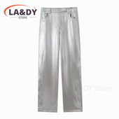 Pantaloni drepți pentru femei 2024, noua modă de toamnă și iarnă, talie înaltă, culoare argintie, pantaloni largi de buzunar pentru femei