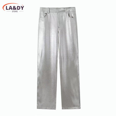 Pantaloni drepți pentru femei 2024, noua modă de toamnă și iarnă, talie înaltă, culoare argintie, pantaloni largi de buzunar pentru femei