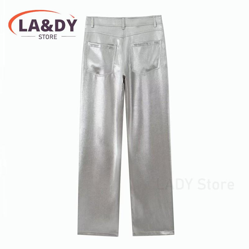 Pantaloni drepți pentru femei 2024, noua modă de toamnă și iarnă, talie înaltă, culoare argintie, pantaloni largi de buzunar pentru femei