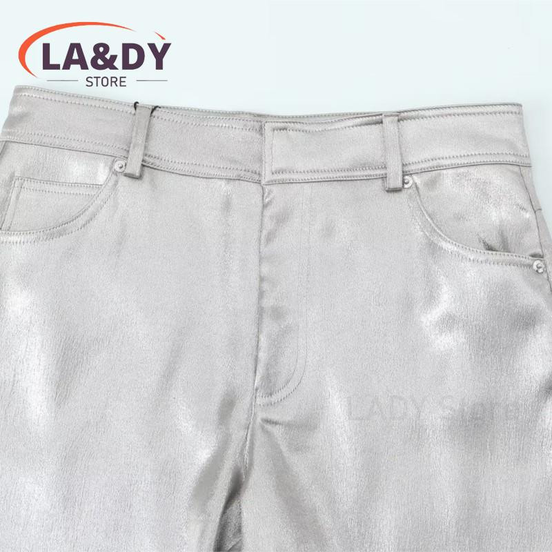 Pantaloni drepți pentru femei 2024, noua modă de toamnă și iarnă, talie înaltă, culoare argintie, pantaloni largi de buzunar pentru femei