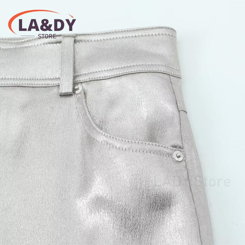 Pantaloni drepți pentru femei 2024, noua modă de toamnă și iarnă, talie înaltă, culoare argintie, pantaloni largi de buzunar pentru femei