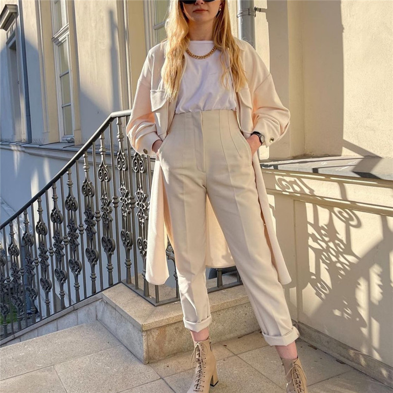 TRAF Sieviešu Bikses Bēšs Zīmulis Bikses ar augstu vidukli Sievietēm Birojs Ikdienišķs Elegantas Sieviešu Bikses Modes Ielu apģērbi Vasaras bikses