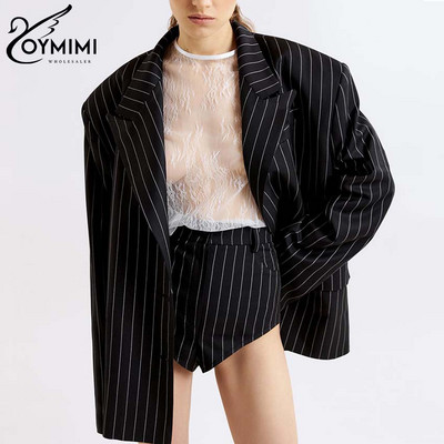 Oymimi Elegant Black Print Kahe kirjuga naiste komplektid Moodne pikkade varrukatega ühe nööbiga bleiserid ja kõrge vöökohaga lühikesed püksid naistele