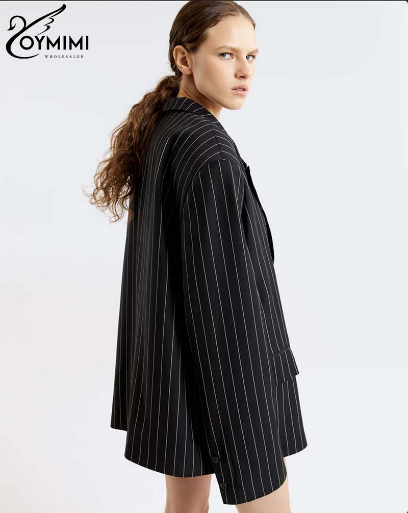 Oymimi Elegant Black Print Kahe kirjuga naiste komplektid Moodne pikkade varrukatega ühe nööbiga bleiserid ja kõrge vöökohaga lühikesed püksid naistele