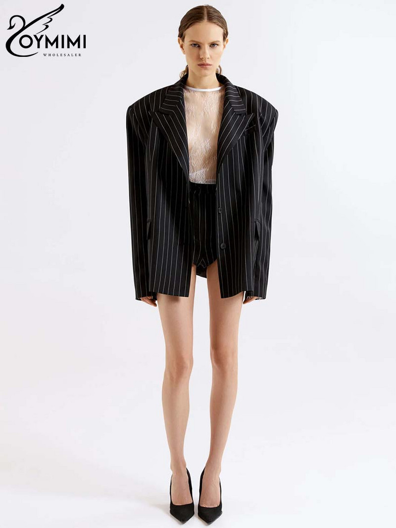 Oymimi Elegant Black Print Kahe kirjuga naiste komplektid Moodne pikkade varrukatega ühe nööbiga bleiserid ja kõrge vöökohaga lühikesed püksid naistele