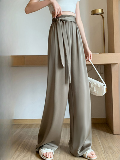 Ljetne hlače širokih nogavica za žene Visoki struk Satenske svilene ravne hlače Pune korejske elegantne široke ležerne ženske hlače
