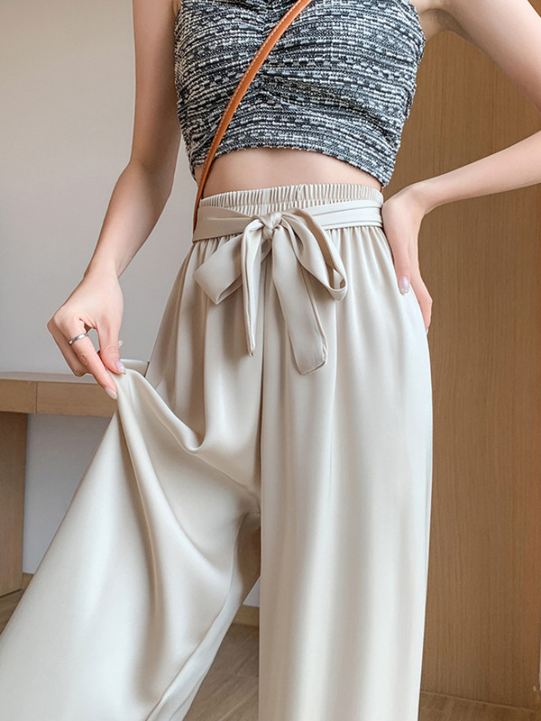 Ljetne hlače širokih nogavica za žene Visoki struk Satenske svilene ravne hlače Pune korejske elegantne široke ležerne ženske hlače