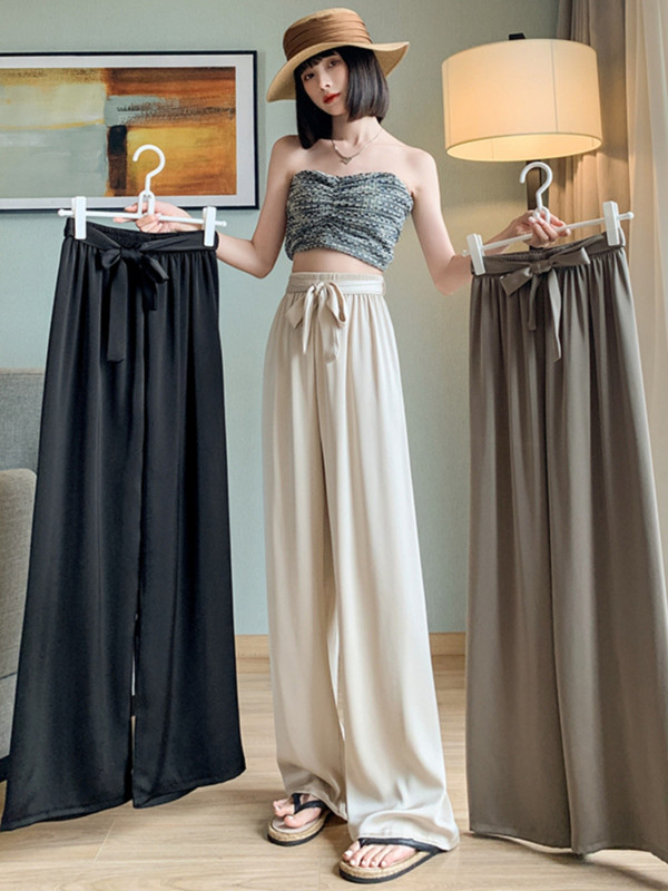 Ljetne hlače širokih nogavica za žene Visoki struk Satenske svilene ravne hlače Pune korejske elegantne široke ležerne ženske hlače