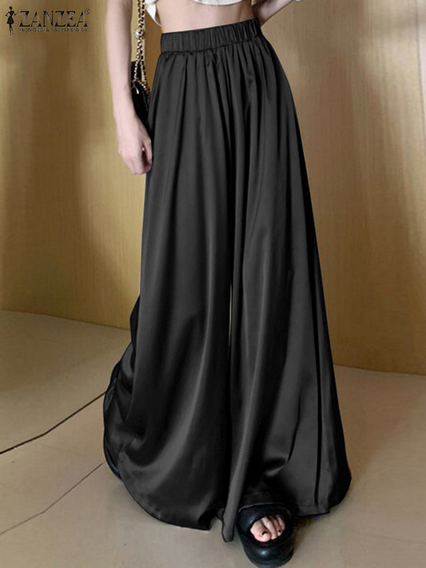 ZANZEA naiste pikad püksid, mood korea laia säärega satiinpüksid, 2024. aasta suvi, elastsed vöökohaga püksid, vabaaja naiste püksid