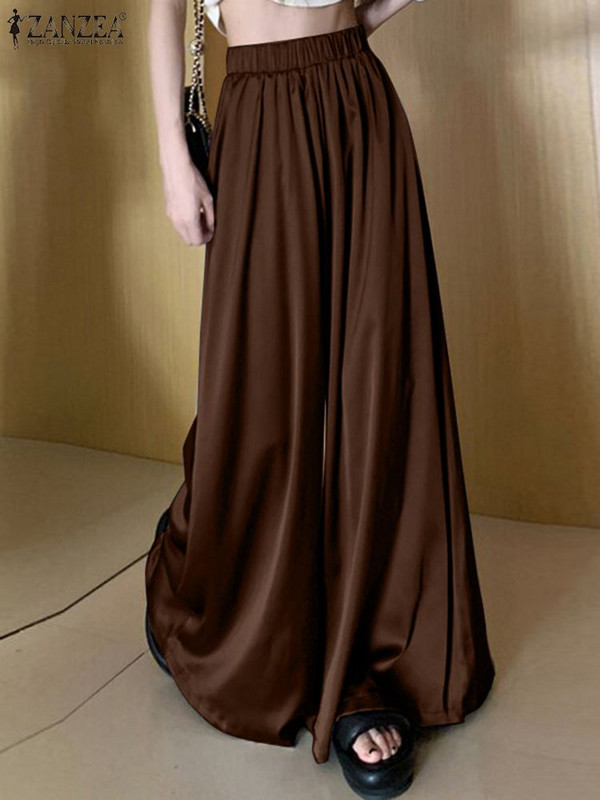 ZANZEA naiste pikad püksid, mood korea laia säärega satiinpüksid, 2024. aasta suvi, elastsed vöökohaga püksid, vabaaja naiste püksid