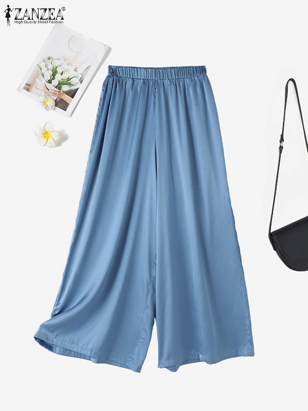 ZANZEA naiste pikad püksid, mood korea laia säärega satiinpüksid, 2024. aasta suvi, elastsed vöökohaga püksid, vabaaja naiste püksid