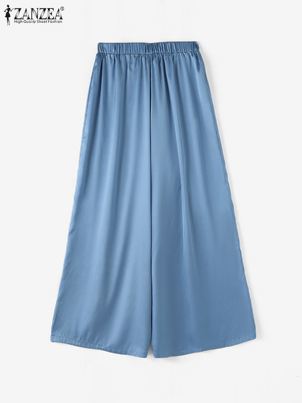 ZANZEA naiste pikad püksid, mood korea laia säärega satiinpüksid, 2024. aasta suvi, elastsed vöökohaga püksid, vabaaja naiste püksid