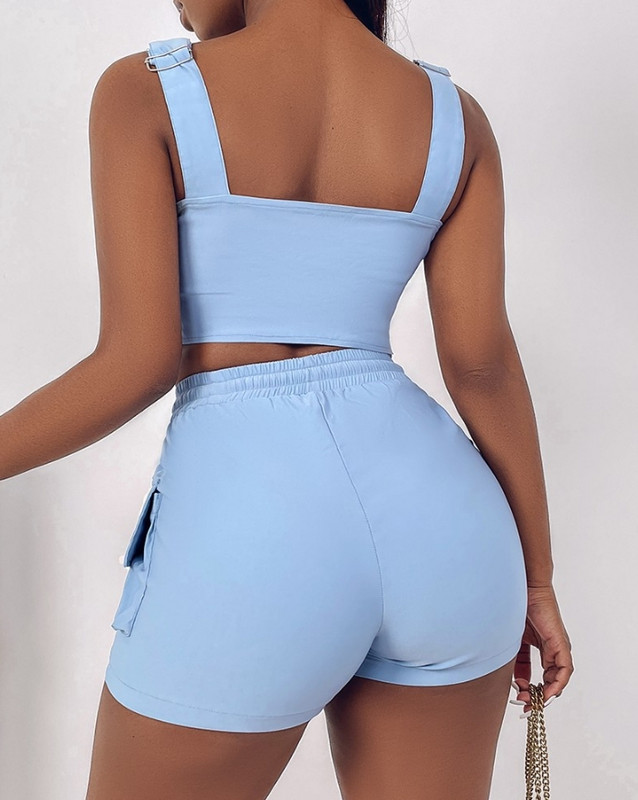 Novi modni 2Psc za žene Ljeto 2024. Komplet kratkih hlača bez rukava s dugmadima i džepovima s kvadratnim izrezom i gornjim dijelom s patentnim zatvaračem