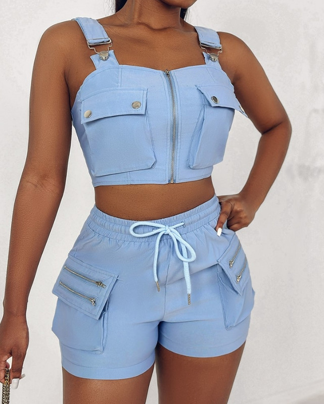 Novi modni 2Psc za žene Ljeto 2024. Komplet kratkih hlača bez rukava s dugmadima i džepovima s kvadratnim izrezom i gornjim dijelom s patentnim zatvaračem