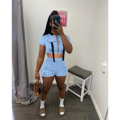 CM.YAYA Active Safari Style naiste komplekt, tõmblukuga kärbsega dressipluus ja lühikesed püksid, 2023. aasta INS dressipluus, kaks 2-osalist komplekti.