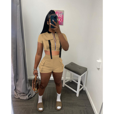 CM.YAYA Active Safari Style naiste komplekt, tõmblukuga kärbsega dressipluus ja lühikesed püksid, 2023. aasta INS dressipluus, kaks 2-osalist komplekti.