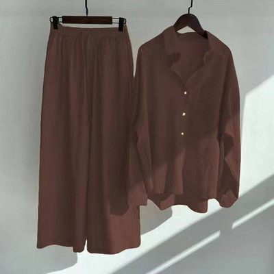 Naiste 2-osaline retro puuvillane linane ühevärviline särk + kõrge vöökohaga püksid, kevadsuvine pluus laia säärega püksid naiste ülikond