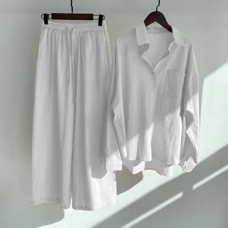 Naiste 2-osaline retro puuvillane linane ühevärviline särk + kõrge vöökohaga püksid, kevadsuvine pluus laia säärega püksid naiste ülikond