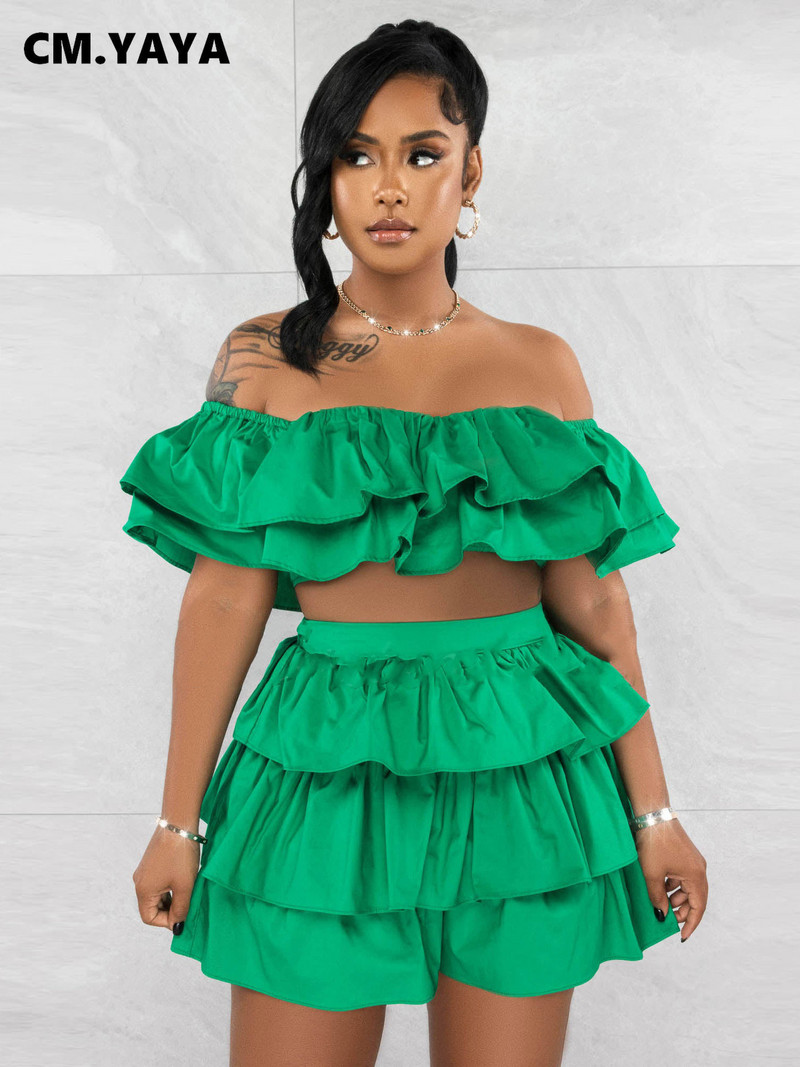 CM.YAYA divatos női szett pillangós ujjú Crop felső és köpeny, fodros szoknya szett 2023 nyári két 2 részes készlet ruhák tréningruha