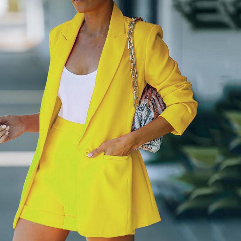 2db/szett Női öltöny Egyszínű hajtóka Nyak Kardigán Blézer Nyári Kabát Rövidnadrág Öltöny Ingázó Ruhák Női Utcai ruházat