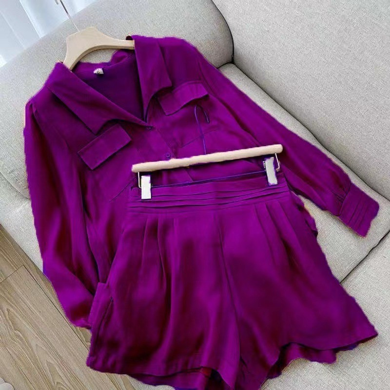 Särgipüksid 2-osalised komplektid Naiste komplekt Kevadsuvi Puhasvärvilised pikkade varrukatega särgid Kaheosalised komplektid Must vabaaja kostüüm naistele