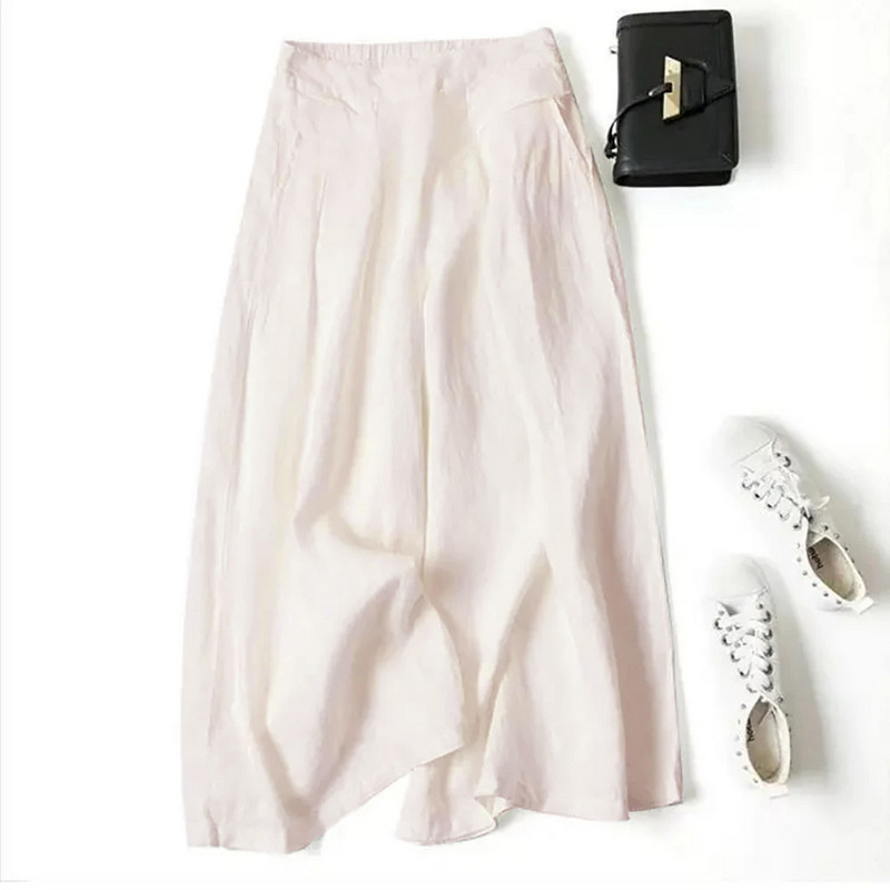 Vasaras bikses sievietēm Kokvilnas veļa Liela izmēra platas bikses Femme Arts Style Elastīgs viduklis Ciets ikdienišķs brīvs Pantalons