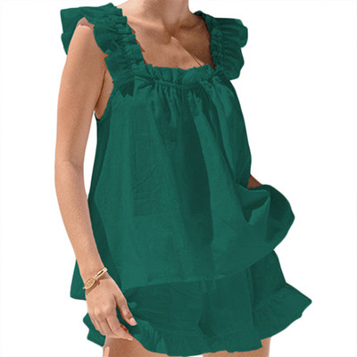 Női pizsama szettek Női nyári 2 DB pizsama szettek Ujjatlan háttámla mellény + egyszínű fodros rövidnadrág