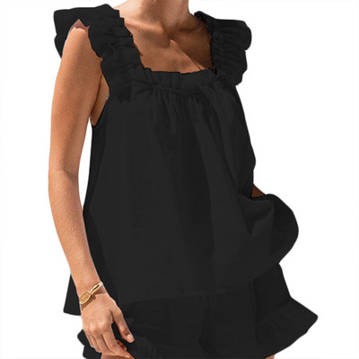 Női pizsama szettek Női nyári 2 DB pizsama szettek Ujjatlan háttámla mellény + egyszínű fodros rövidnadrág