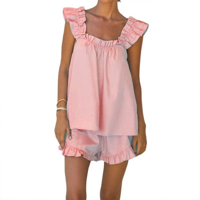 Női pizsama szettek Női nyári 2 DB pizsama szettek Ujjatlan háttámla mellény + egyszínű fodros rövidnadrág