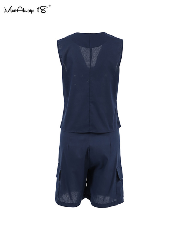 Mnealways18 sötétkék pamut vászon rövidnadrág öltöny 2 részes alkalmi szettek női blézerek mellények és zsebek rövidnadrágok 2024 nyár, kétrészes