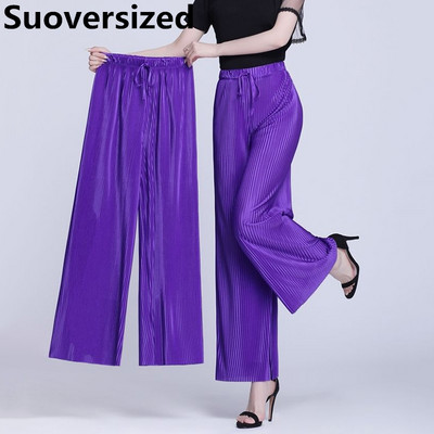 Vasaras garums līdz potītēm 95cm platas bikses Lielizmēra 4xl Sievietēm Baggy Pantalones Thin Ice Silk Spodnie High Waist Straight Bikses