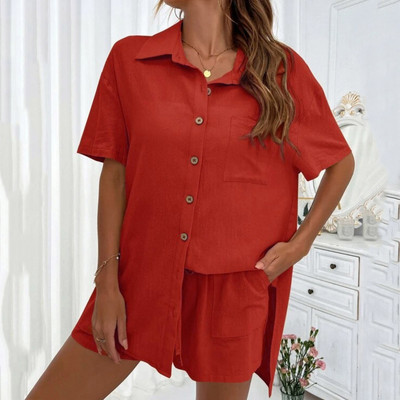 Női nyári alkalmi rövidnadrág szett rövid ujjú hajtókás ing felsők + rövidnadrág öltöny 2023 új nappali viselet vakációs kétrészes szett