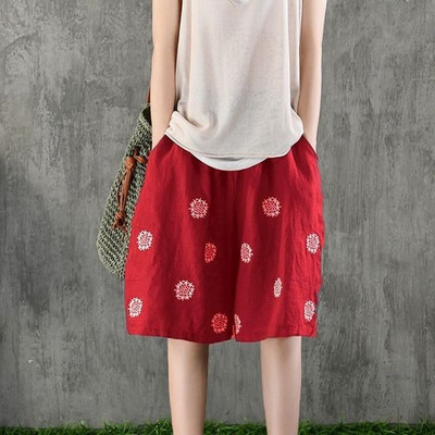 Nyári új pamut lenvászon Vintage nyomtatással félhosszú nadrágok női laza alkalmi, divatos, fűzős széles lábú rövidnadrágok, női