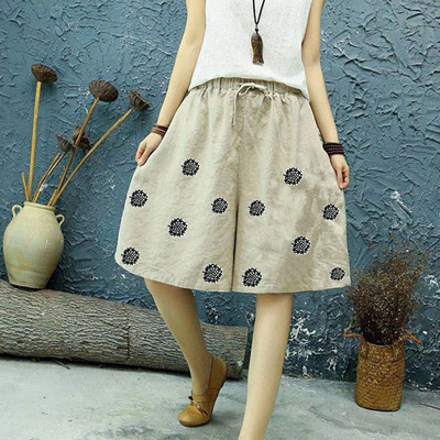 Nyári új pamut lenvászon Vintage nyomtatással félhosszú nadrágok női laza alkalmi, divatos, fűzős széles lábú rövidnadrágok, női