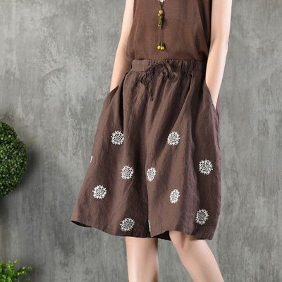 Nyári új pamut lenvászon Vintage nyomtatással félhosszú nadrágok női laza alkalmi, divatos, fűzős széles lábú rövidnadrágok, női