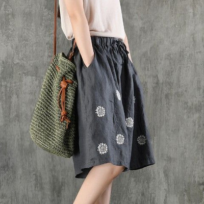 Nyári új pamut lenvászon Vintage nyomtatással félhosszú nadrágok női laza alkalmi, divatos, fűzős széles lábú rövidnadrágok, női