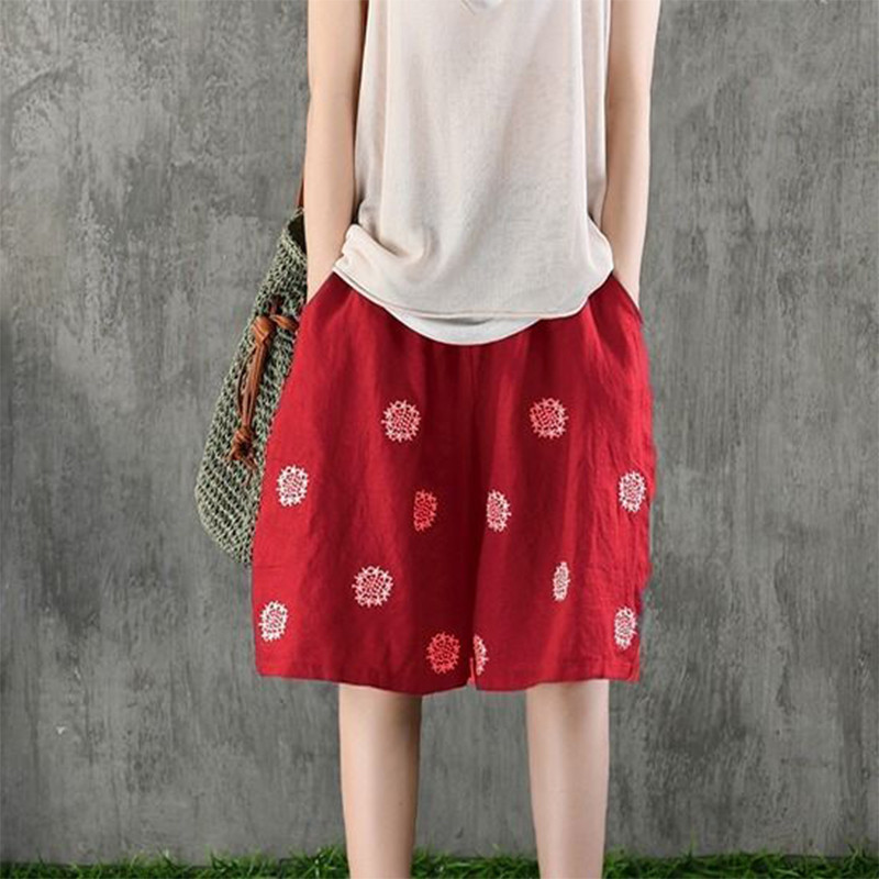 Nyári új pamut lenvászon Vintage nyomtatással félhosszú nadrágok női laza alkalmi, divatos, fűzős széles lábú rövidnadrágok, női
