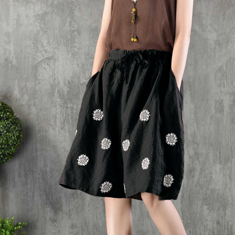 Nyári új pamut lenvászon Vintage nyomtatással félhosszú nadrágok női laza alkalmi, divatos, fűzős széles lábú rövidnadrágok, női