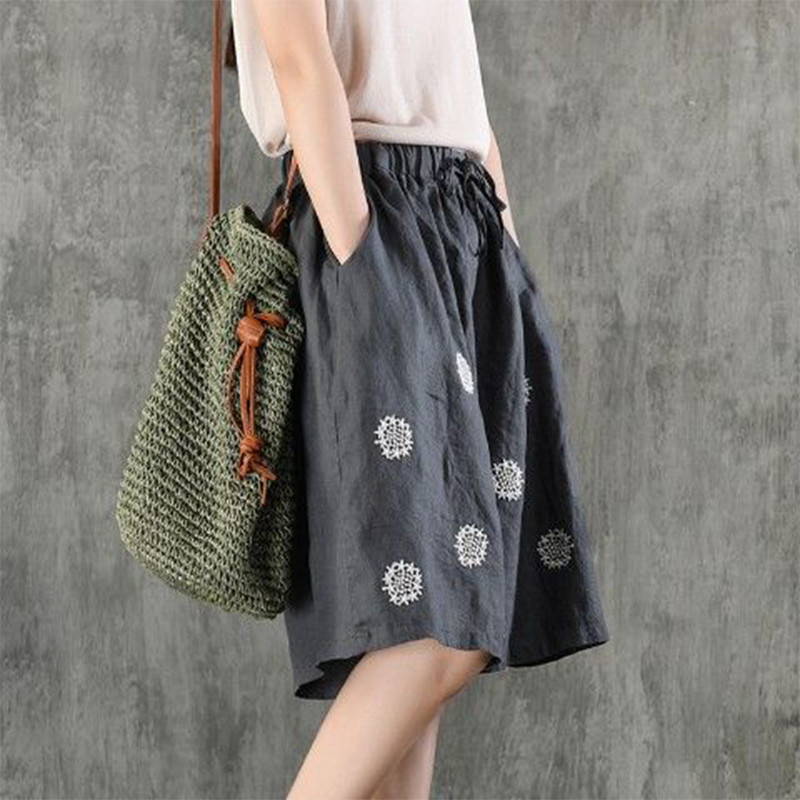 Nyári új pamut lenvászon Vintage nyomtatással félhosszú nadrágok női laza alkalmi, divatos, fűzős széles lábú rövidnadrágok, női