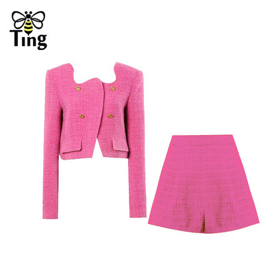 Tingfly Designer Runway Fashion Fuksia värvi tviidjope mantlid + lühikesed püksid 2 tükki komplektid Daami talve sügise šikid rõivad ülikonnad