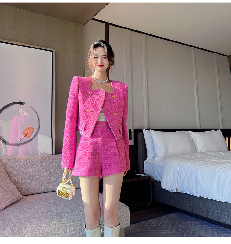 Tingfly Designer Runway Fashion Fuksia värvi tviidjope mantlid + lühikesed püksid 2 tükki komplektid Daami talve sügise šikid rõivad ülikonnad