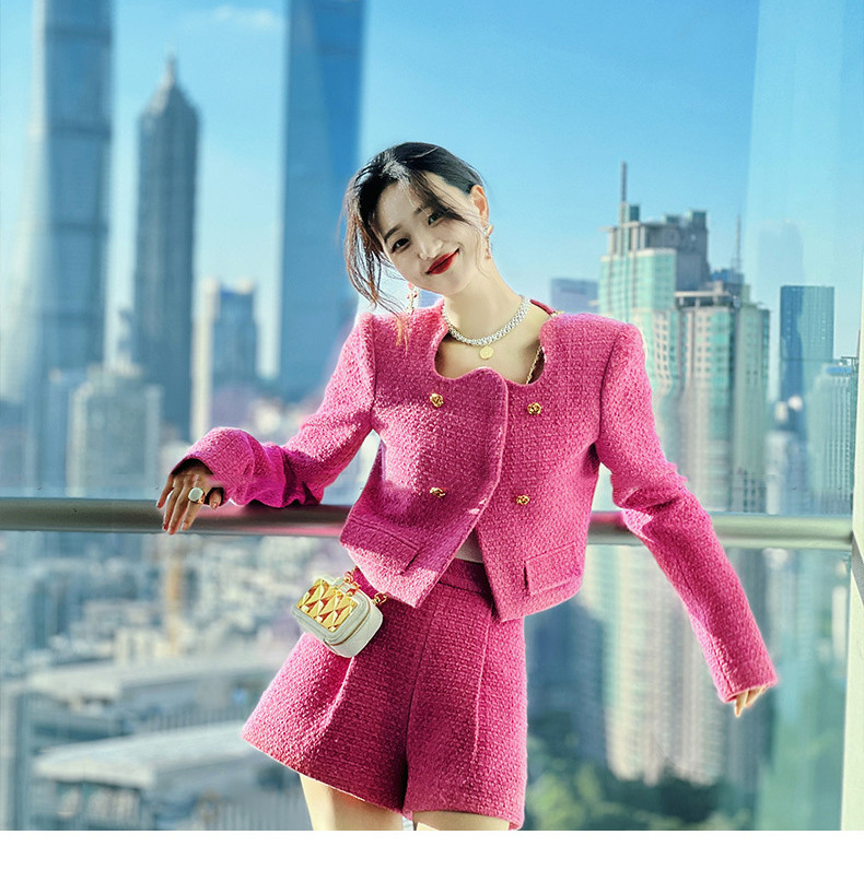 Tingfly Designer Runway Fashion Fuksia värvi tviidjope mantlid + lühikesed püksid 2 tükki komplektid Daami talve sügise šikid rõivad ülikonnad