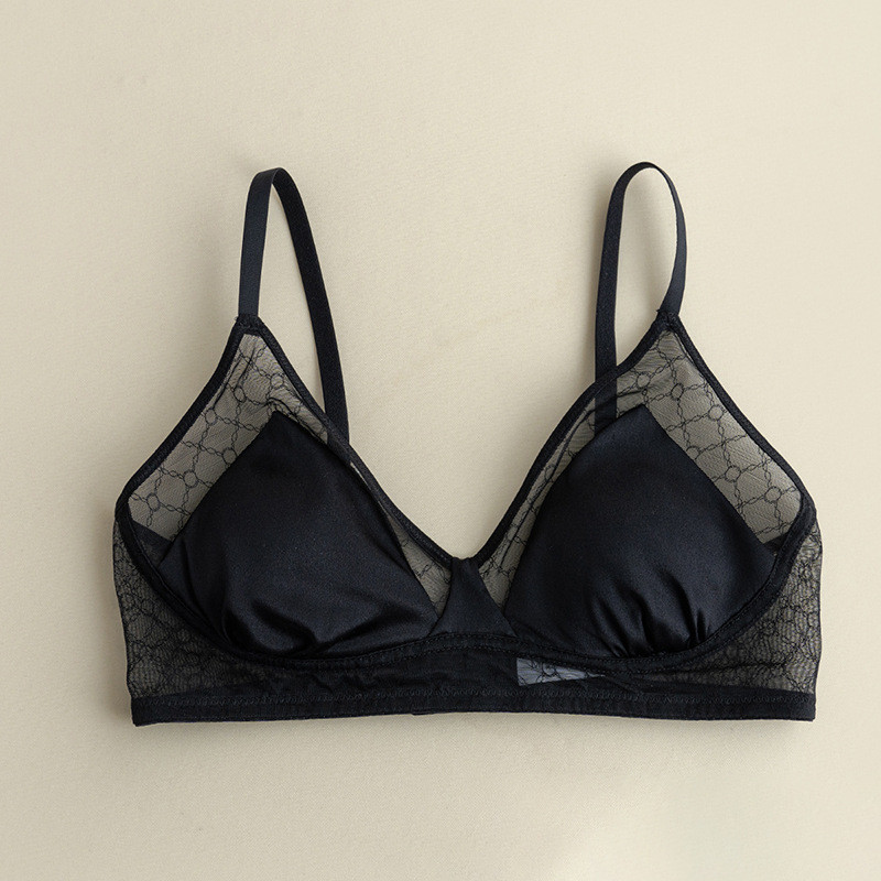 BirdTree 93% ehtsast siidist rinnahoidja, naiste satiinvõrgust siidist traadist vaba, ilus pitsist lapiline aluspesu, 2024 kevadsuvi P43401QM